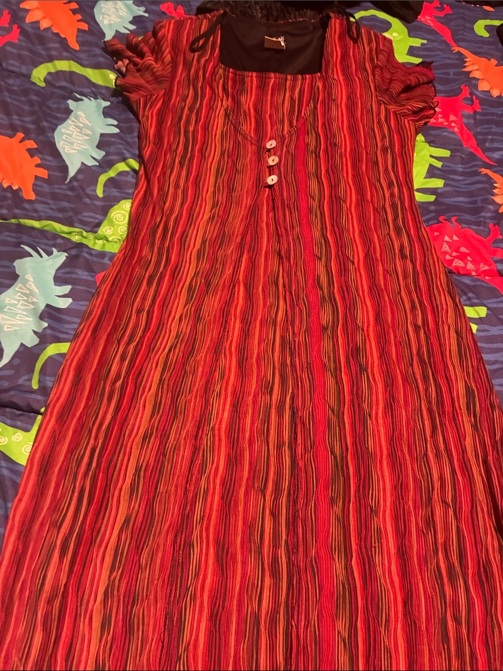 Girls Red Striped Knit Dress with Button Detail